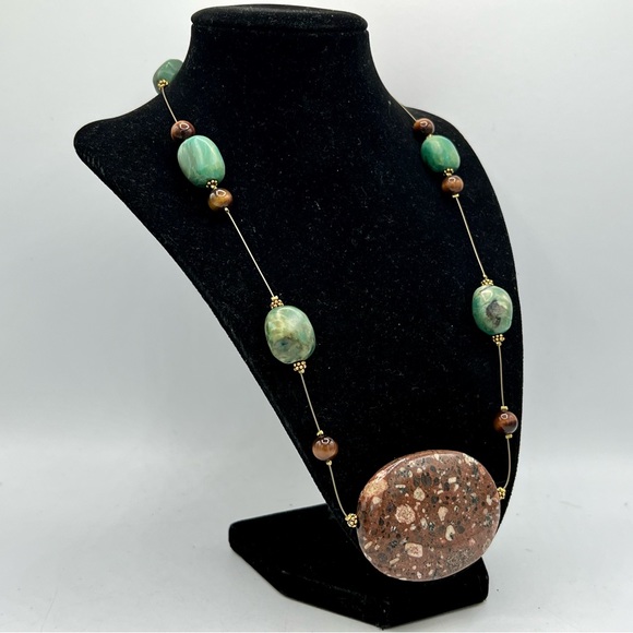 Artisan gemstone necklace chunky heavy brown & green stone beads 25” - Picture 8 of 11